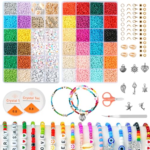 Monemey Perlen für Armbänder 3mm, 36 Bunte 18500+ Glasperlen Set Armbänder Selber Machen, Armband Perlen Set Pastell mit Buchstabenperlen für Kinder, Erwachsener zu Weihnachten, Geburtstage, Partys von Monemey