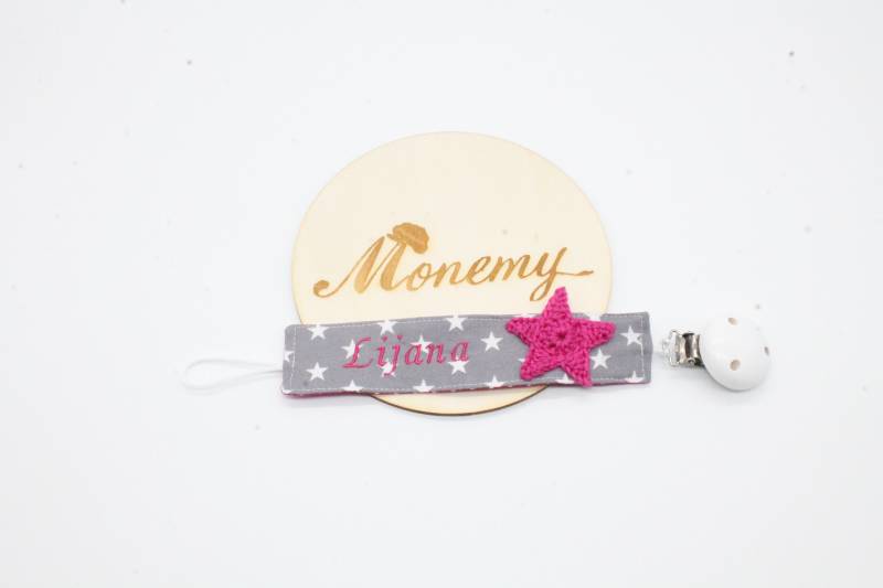 Schnullerband Grau Sterne Pink Stern Mit Namen Personalisiert/Schnullerhalter Schnullerkette Geschenk Zur Geburt von Monemy