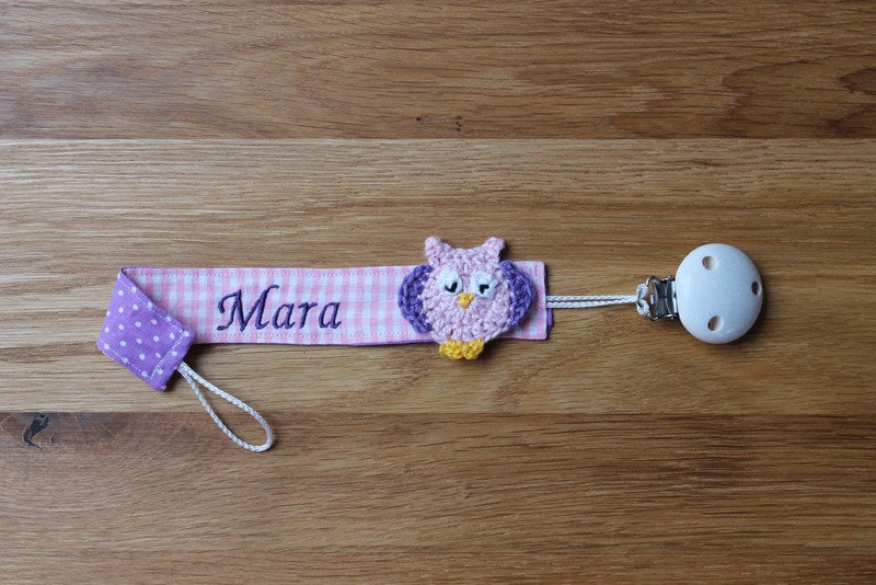 Schnullerband Rosa Lila Eule Mit Namen Personalisiert/Schnullerhalter Schnullerkette Geschenk Zur Geburt von Monemy