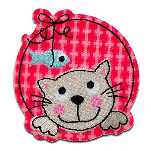 Katze mit Fisch Tier - Aufnäher, Bügelbild, Aufbügler, Applikationen, Patches, Flicken, zum aufbügeln, Größe: 5,8 x 5,6 cm von Mono-Quick