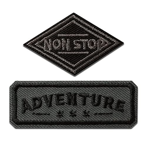 Mono Quick Adventure und Non Stop 2 Stück - Aufnäher, Bügelbild, Aufbügler, Applikationen, Patches, Flicken, zum aufbügeln, Größe: 2,8 x 5,7 cm von Mono Quick