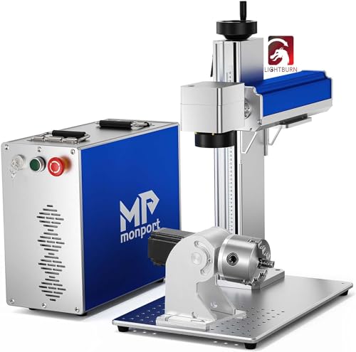 MONPORT 50W Faserlaser Graviermaschine mit Rotary, 200x200mm Laser Farbmarkierung Maschine mit EZCad, rote Punktzeiger, 1064nm 0.01mm Präzision Raycus Laser Engraver Cutter für Metall, Holz von Monport