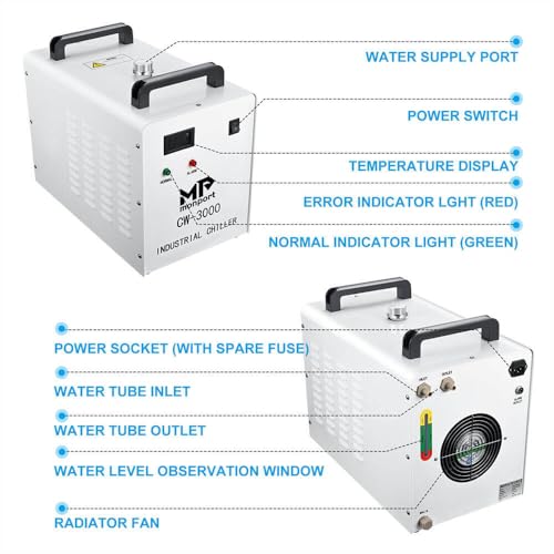 Monport CW3000 Industrielle Wasserkühler 9L Water Cooling Machine 0.6hp 2.4Gal/min Industrial Water Chiller zum Kühlen von CO2 Laserröhre für 40W CO2 Laser Gravier-/schneidemaschine von Monport