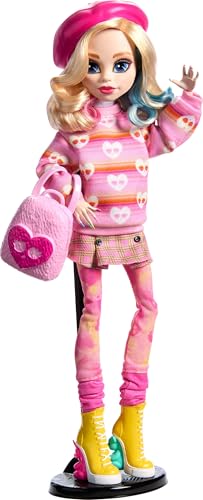 Monster High Wednesday Puppe und Accessoires, Enid Sinclair Sammelfigur in pink mit Baskenmütze und Rucksack, Puppenständer, HXJ05 von Monster High