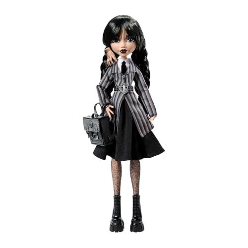 Monster High Wednesday Puppe und Accessoires, Wednesday Addams Sammelfigur in Nevermore Academy Uniform mit Eiskaltem Händchen und Rucksack, Puppenständer, HXJ04 von Monster High