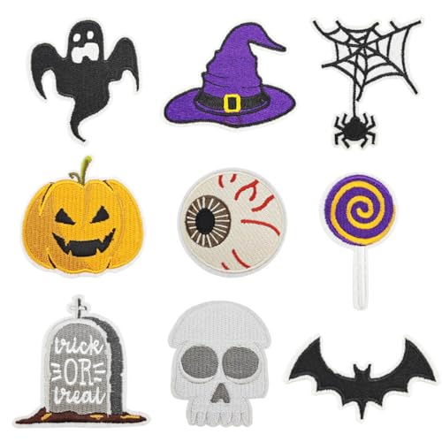 Bestickte Aufnäher, Halloween Patches zum Aufbügeln Bügelflicken Set Totenköpfe Patches Kürbis Spinnennetz Applikationen Totenköpfe Patches, für Kinder DIY T-Shirt Jeans Kleidung Taschen Flicken Pat von Monsully