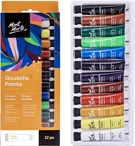 Mont Marte Gouache Set – 12 Stück, 12 ml Tuben – Ideal für Gouachemalerei – Brillante, lichtechte Gouache Farben mit großer Deckkraft von Mont Marte