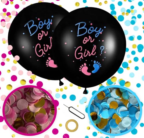 XXL Gender Reveal Party Deko - 2 Stück 90 cm Boy or Girl Ballons, 36 Zoll Konfetti-Füllung in Pink und Blau für Baby Party Dekoration von Montegoni