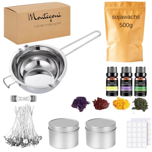 kerzen selber machen set DIY Komplett kerzen gießen set inkl. 500g Sojawachs, Schmelzschale, Wachsfarben, Kerzendosen, Kerzendochte und Dochthalter, Ätherische Öle, Candle Making Kit von Montegoni