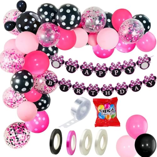 Micky Mouse Thema Geburtstag Deko - Maus Ballon Girlande, Luftballons, Ballonkette und Band | Happy Birthday Ballon Set | Dekoration für Kindergeburtstag, Party Supplies (Rosa-Schwarz-Minnie-Mouse) von Montegoni