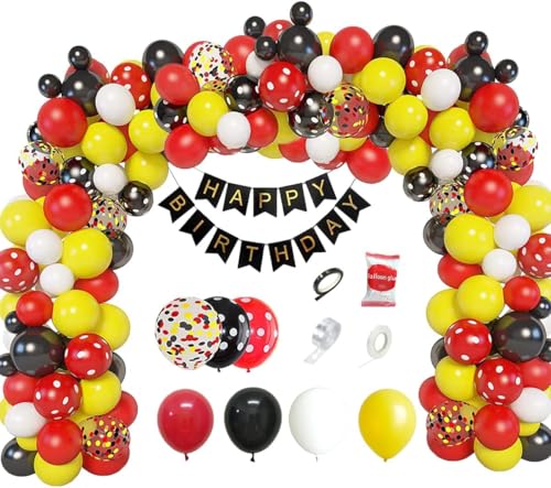 Micky Mouse Thema Geburtstag Deko - Maus Ballon Girlande, Luftballons, Ballonkette und Band | Happy Birthday Ballon Set | Dekoration für Kindergeburtstag, Party Supplies (Schwarz-Rot-Micky-Mouse) von Montegoni