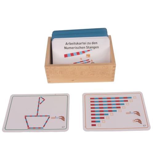 100 Aufgaben zu den numerischen Stangen nach Montessori, aufwändige Lernkartei mit praktischer Selbstkontrolle und Holz-Karteikasten von MontessoriPlus