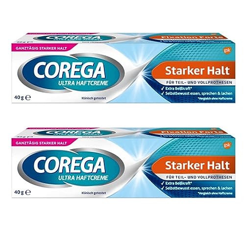 Monxu Coreg-a Extra starker Halt für falsche Zähne, Kleber für Zahnprothesen, selbstklebend, ganztägiger Halt, mehr Komfort, 40 g x 2 = 80 g von Monxu