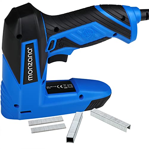 MONZANA® 2in1 Elektrotacker ergonomischer Softgrip Griff inkl. Klammern & Nägel Sicherheitsnase 30 Schüsse/Min Antistaumechanismus Kombi Tacker Nagler von Monzana