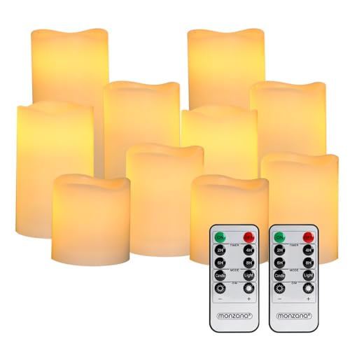 Monzana® LED Kerzen 10er-Set Blockkerze, Echtwachs dimmbar flackernd batteriebetrieben, Timerfunktion 2-4-6-8 Std, mit Fernbedienung, Warmweiß ø7,5cm von Monzana