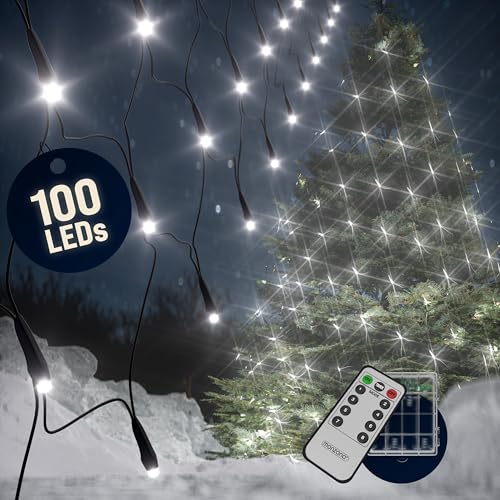 Monzana® Lichternetz 100 LED mit Fernbedienung Timer 8 Leuchtmodi Dimmbar IP44 Außen Innen Weihnachten Lichterkette Lichtervorhang Kaltweiß 120x120 cm von Monzana