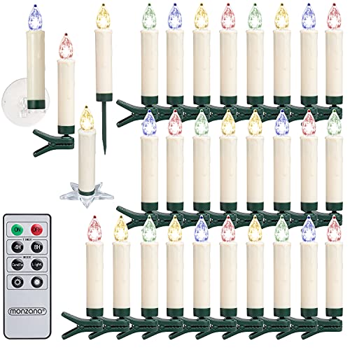 MONZANA® Christbaumkerzen LED Kabellos 30er Set Batterie Timer Fernbedienung Echtwachs Optik Lichterkette Weihnachten Flackernd Bunt Weihnachtsbaum von Monzana