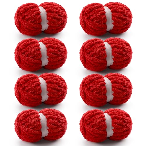 8 Stück grobes Garn zum Handstricken, grobes Chenille-Garn zum Häkeln, flauschiges Garn zum Häkeln, Jumbo-Garn zum Handstricken, 28 m, 218 g super sperriges Garn (rot) von Mooaske