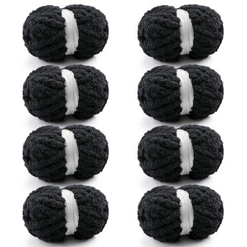 8 Stück grobes Garn zum Handstricken, grobes Chenille-Garn zum Häkeln, flauschiges Garn zum Häkeln, Jumbo-Garn zum Handstricken, 28 m, 218 g super sperriges Garn (schwarz) von Mooaske