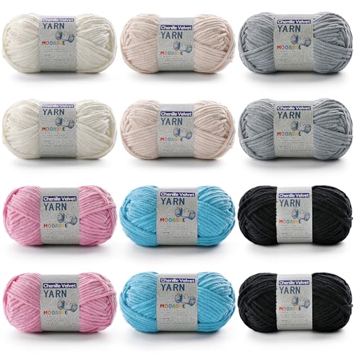 Chenille-Garn zum Häkeln, Deckengarn zum Häkeln, flauschiges Garn zum Häkeln, Babygarn zum Häkeln, weiche Decken, Gewicht pro Rolle, 50 g, Länge 60 m, 12 Stück von Mooaske