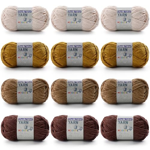 Chenille-Garn zum Häkeln, Deckengarn zum Häkeln, flauschiges Garn zum Häkeln, Babygarn zum Häkeln, weiche Decken, Gewicht pro Rolle, 50 g, Länge 60 m, 12 Stück von Mooaske