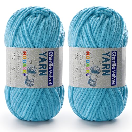 Chenille-Garn zum Häkeln, Deckengarn zum Häkeln, flauschiges Garn zum Häkeln, Babygarn zum Häkeln, weiche Decken, Gewicht pro Rolle, 50 g, Länge 60 m, Azurblau, 2 Stück von Mooaske