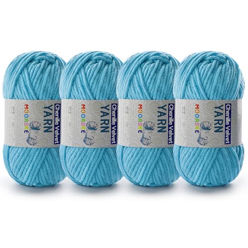 Chenille-Garn zum Häkeln, Deckengarn zum Häkeln, flauschiges Garn zum Häkeln, Babygarn zum Häkeln, weiche Decken, Gewicht pro Rolle, 50 g, Länge 60 m, Azurblau, 4 Stück von Mooaske