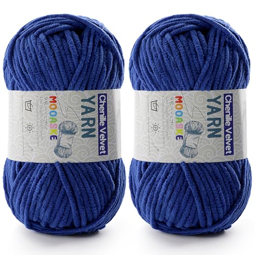 Chenille-Garn zum Häkeln, Deckengarn zum Häkeln, flauschiges Garn zum Häkeln, Babygarn zum Häkeln, weiche Decken, Gewicht pro Rolle, 50 g, Länge 60 m, Dunkelblau, 2 Stück von Mooaske