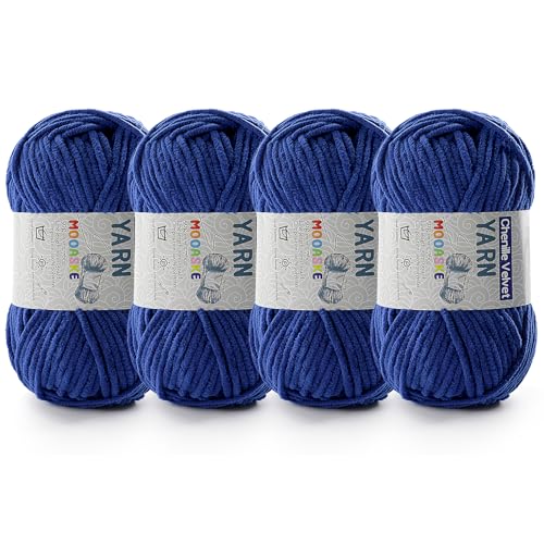 Chenille-Garn zum Häkeln, Deckengarn zum Häkeln, flauschiges Garn zum Häkeln, Babygarn zum Häkeln, weiche Decken, Gewicht pro Rolle, 50 g, Länge 60 m, Dunkelblau, 4 Stück von Mooaske