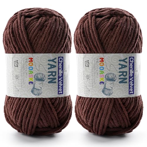 Chenille-Garn zum Häkeln, Deckengarn zum Häkeln, flauschiges Garn zum Häkeln, Babygarn zum Häkeln, weiche Decken, Gewicht pro Rolle, 50 g, Länge 60 m, Dunkelkaffee, 2 Stück von Mooaske