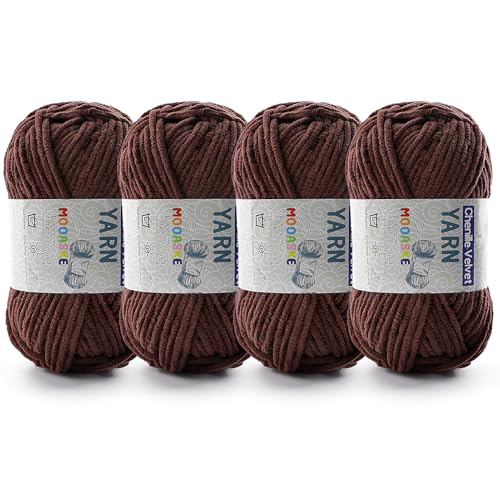 Chenille-Garn zum Häkeln, Deckengarn zum Häkeln, flauschiges Garn zum Häkeln, Babygarn zum Häkeln, weiche Decken, Gewicht pro Rolle, 50 g, Länge 60 m, Dunkelkaffee von Mooaske