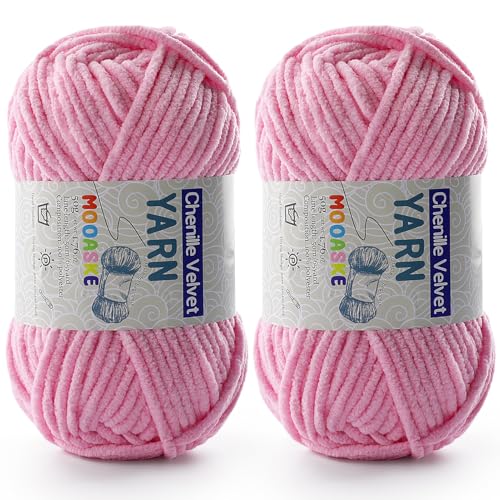 Chenille-Garn zum Häkeln, Deckengarn zum Häkeln, flauschiges Garn zum Häkeln, Babygarn zum Häkeln, weiche Decken, Gewicht pro Rolle, 50 g, Länge 60 m, Dunkelrosa, 2 Stück von Mooaske