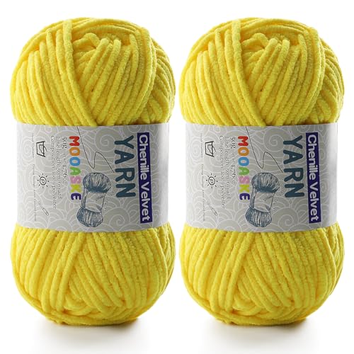 Chenille-Garn zum Häkeln, Deckengarn zum Häkeln, flauschiges Garn zum Häkeln, Babygarn zum Häkeln, weiche Decken, Gewicht pro Rolle, 50 g, Länge 60 m, Gelb von Mooaske