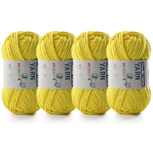 Chenille-Garn zum Häkeln, Deckengarn zum Häkeln, flauschiges Garn zum Häkeln, Babygarn zum Häkeln, weiche Decken, Gewicht pro Rolle, 50 g, Länge 60 m, Gelb von Mooaske