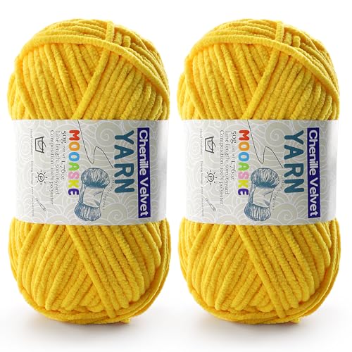 Chenille-Garn zum Häkeln, Deckengarn zum Häkeln, flauschiges Garn zum Häkeln, Babygarn zum Häkeln, weiche Decken, Gewicht pro Rolle, 50 g, Länge 60 m, Goldgelb, 2 Stück von Mooaske