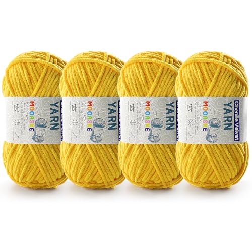 Chenille-Garn zum Häkeln, Deckengarn zum Häkeln, flauschiges Garn zum Häkeln, Babygarn zum Häkeln, weiche Decken, Gewicht pro Rolle, 50 g, Länge 60 m, Goldgelb von Mooaske