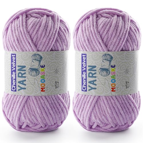 Chenille-Garn zum Häkeln, Deckengarn zum Häkeln, flauschiges Garn zum Häkeln, Babygarn zum Häkeln, weiche Decken, Gewicht pro Rolle, 50 g, Länge 60 m, Hellviolett, 2 Stück von Mooaske