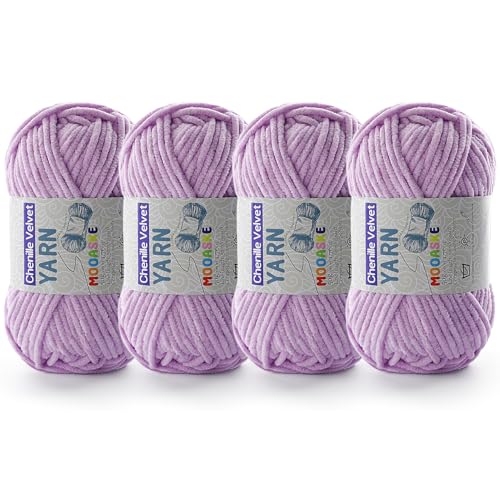 Chenille-Garn zum Häkeln, Deckengarn zum Häkeln, flauschiges Garn zum Häkeln, Babygarn zum Häkeln, weiche Decken, Gewicht pro Rolle, 50 g, Länge 60 m, Hellviolett, 4 Stück von Mooaske