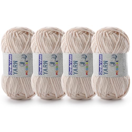 Chenille-Garn zum Häkeln, Deckengarn zum Häkeln, flauschiges Garn zum Häkeln, Babygarn zum Häkeln, weiche Decken, Gewicht pro Rolle, 50 g, Länge 60 m, Khaki, 4 Stück von Mooaske