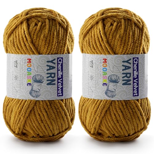 Chenille-Garn zum Häkeln, Deckengarn zum Häkeln, flauschiges Garn zum Häkeln, Babygarn zum Häkeln, weiche Decken, Gewicht pro Rolle, 50 g, Länge 60 m, Kurkuma, 2 Stück von Mooaske