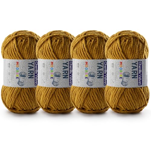 Chenille-Garn zum Häkeln, Deckengarn zum Häkeln, flauschiges Garn zum Häkeln, Babygarn zum Häkeln, weiche Decken, Gewicht pro Rolle, 50 g, Länge 60 m, Kurkuma, 4 Stück von Mooaske