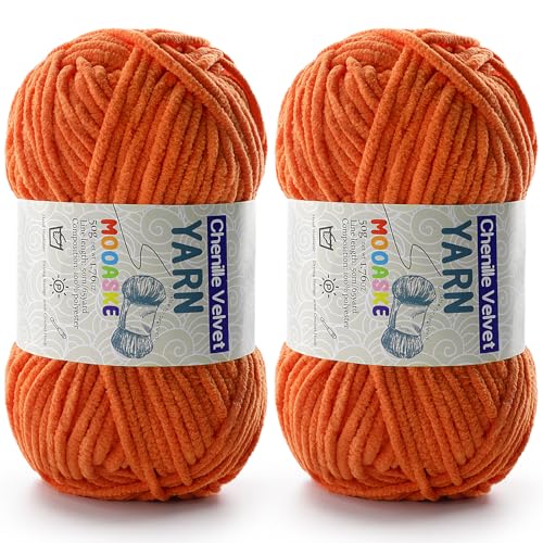 Chenille-Garn zum Häkeln, Deckengarn zum Häkeln, flauschiges Garn zum Häkeln, Babygarn zum Häkeln, weiche Decken, Gewicht pro Rolle, 50 g, Länge 60 m, Orange von Mooaske