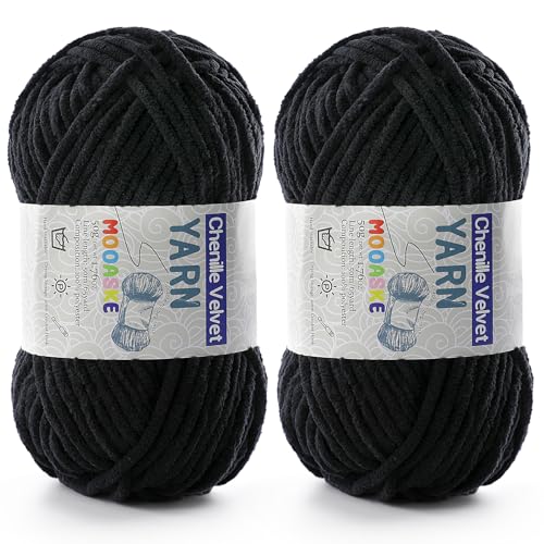 Chenille-Garn zum Häkeln, Deckengarn zum Häkeln, flauschiges Garn zum Häkeln, Babygarn zum Häkeln, weiche Decken, Gewicht pro Rolle, 50 g, Länge 60 m, Schwarz, 2 Stück von Mooaske