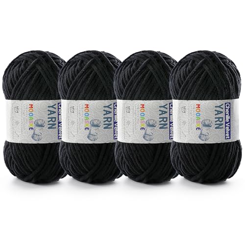 Chenille-Garn zum Häkeln, Deckengarn zum Häkeln, flauschiges Garn zum Häkeln, Babygarn zum Häkeln, weiche Decken, Gewicht pro Rolle, 50 g, Länge 60 m, Schwarz, 4 Stück von Mooaske