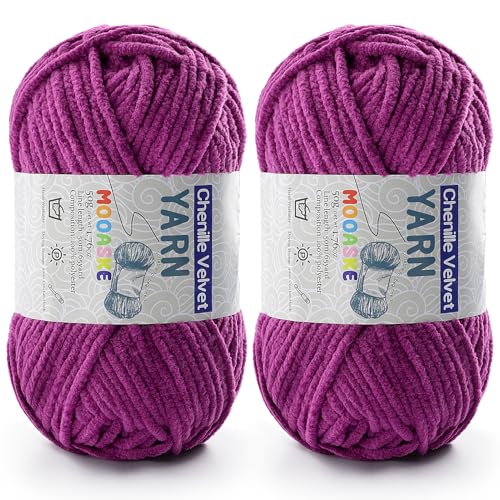 Chenille-Garn zum Häkeln, Deckengarn zum Häkeln, flauschiges Garn zum Häkeln, Babygarn zum Häkeln, weiche Decken, Gewicht pro Rolle, 50 g, Länge 60 m, Violett, 2 Stück von Mooaske