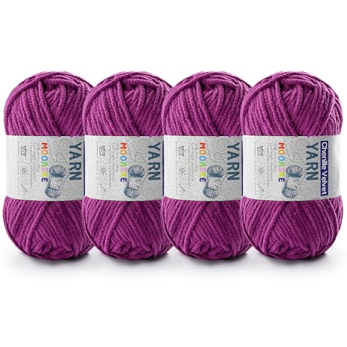 Chenille-Garn zum Häkeln, Deckengarn zum Häkeln, flauschiges Garn zum Häkeln, Babygarn zum Häkeln, weiche Decken, Gewicht pro Rolle, 50 g, Länge 60 m, Violett, 4 Stück von Mooaske