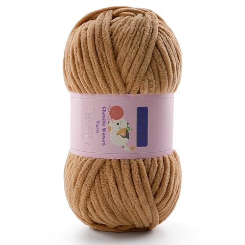 Grobes Garn zum Häkeln, Chenille-Garn zum Stricken, sperriges Deckengarn zum Häkeln von Decken/Amigurumi/Handwerk/Mützen/Schuhen, flauschiges, weiches Plüschgarn, 70 m/100 g pro Knäuel (Khaki) von Mooaske