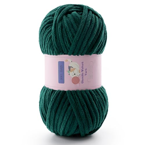 Grobes Garn zum Häkeln, Chenille-Garn zum Stricken, sperriges Deckengarn zum Häkeln von Decken/Amigurumi/Handwerk/Mützen/Schuhen, flauschiges, weiches Plüschgarn, 70 m/100 g pro Knäuel (dunkelgrün) von Mooaske