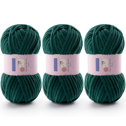 Grobes Garn zum Häkeln, Chenille-Garn zum Stricken, sperriges Deckengarn zum Häkeln von Decken/Amigurumi/Handwerk/Mützen/Schuhen, flauschiges, weiches Plüschgarn, 70 m/100 g pro Knäuel (dunkelgrün) von Mooaske