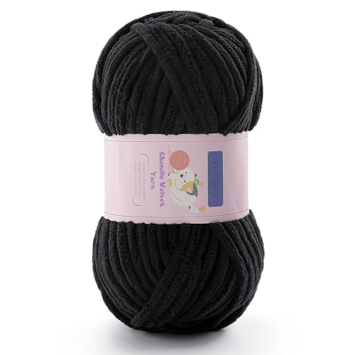 Grobes Garn zum Häkeln, Chenille-Garn zum Stricken, sperriges Deckengarn zum Häkeln von Decken/Amigurumi/Handwerk/Mützen/Schuhen, flauschiges, weiches Plüschgarn, 70 m/100 g pro Strang (schwarz) von Mooaske